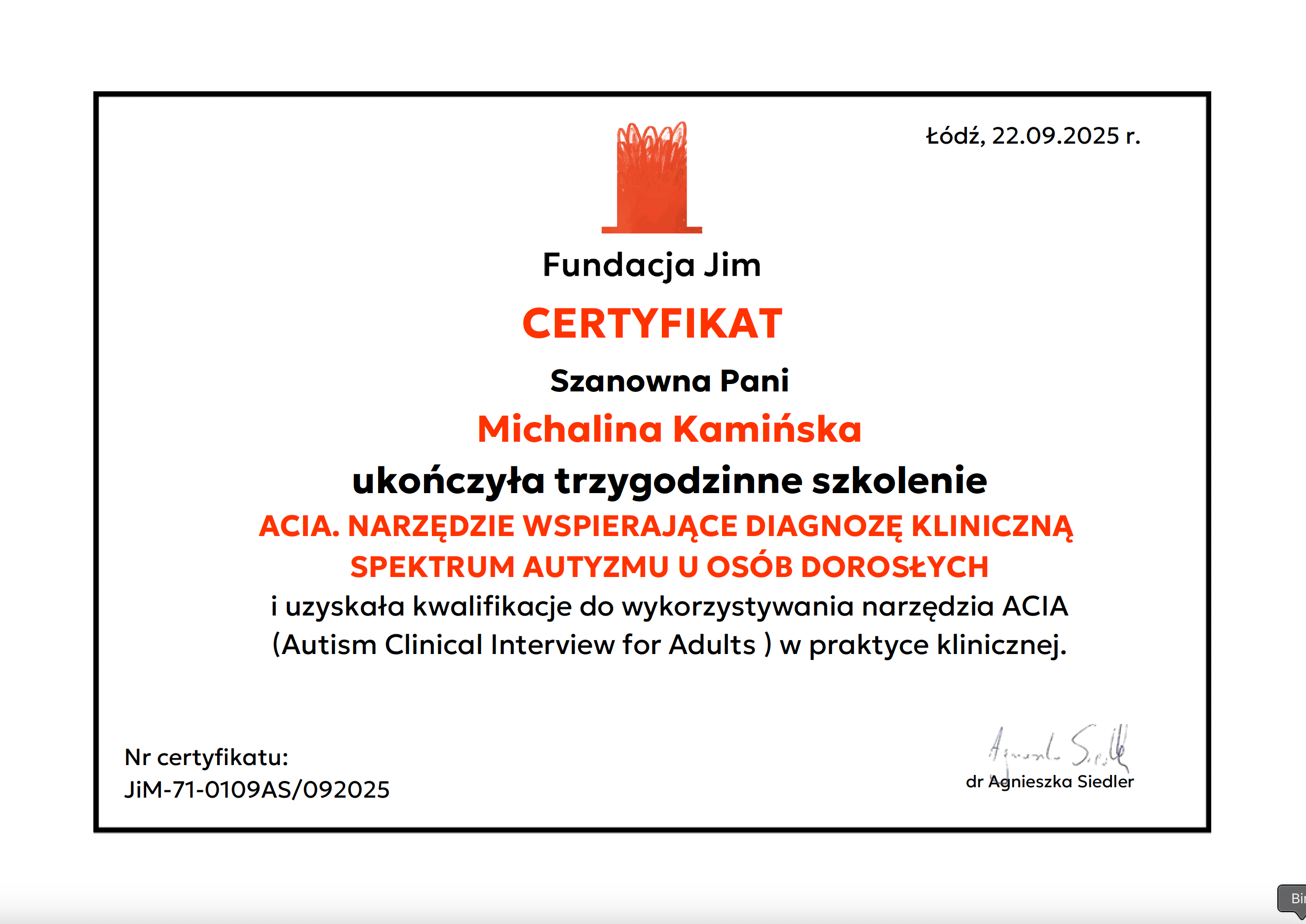 Michalina Kamińska zaświadczenie ukończenia szkolenia ACIA