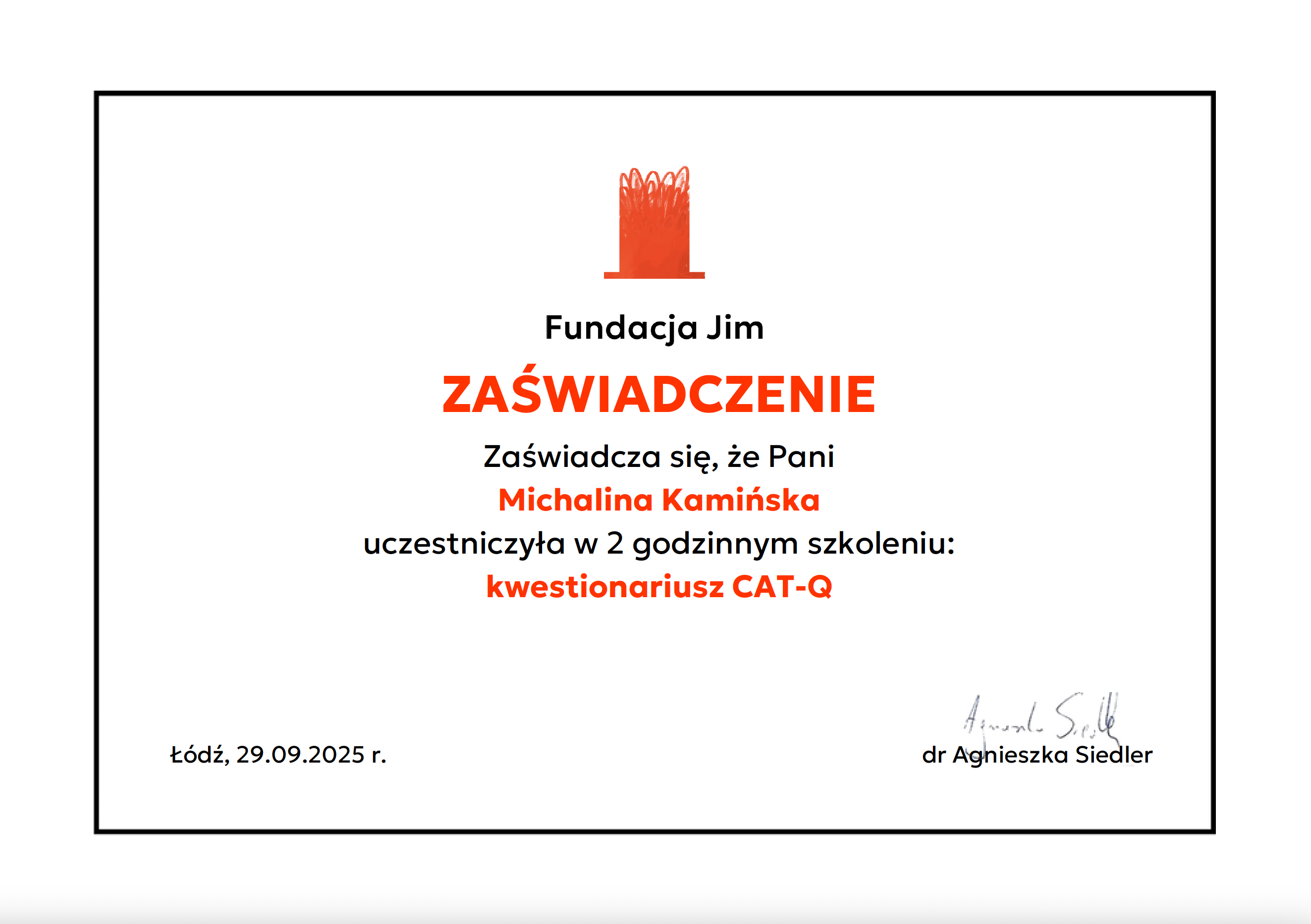 Michalina Kamińska zaświadczenie ukończenia szkolenia CAT-Q